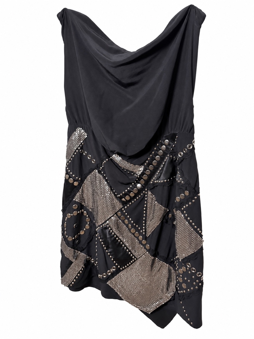 Sheri Bodell Black Silk Studded Metal Mesh Strapless Mini Dress S